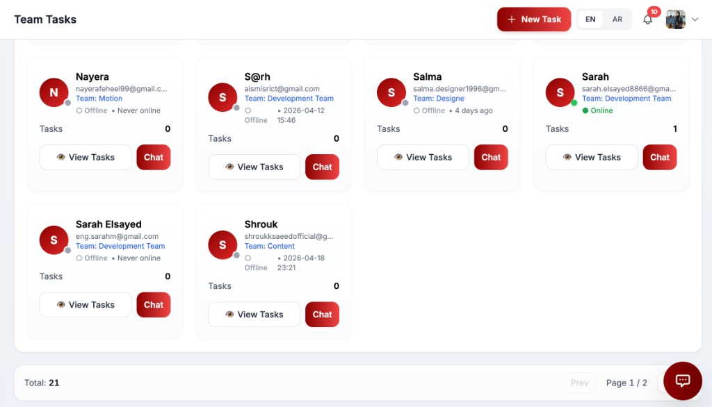 مهام الفريق — View Tasks & Chat